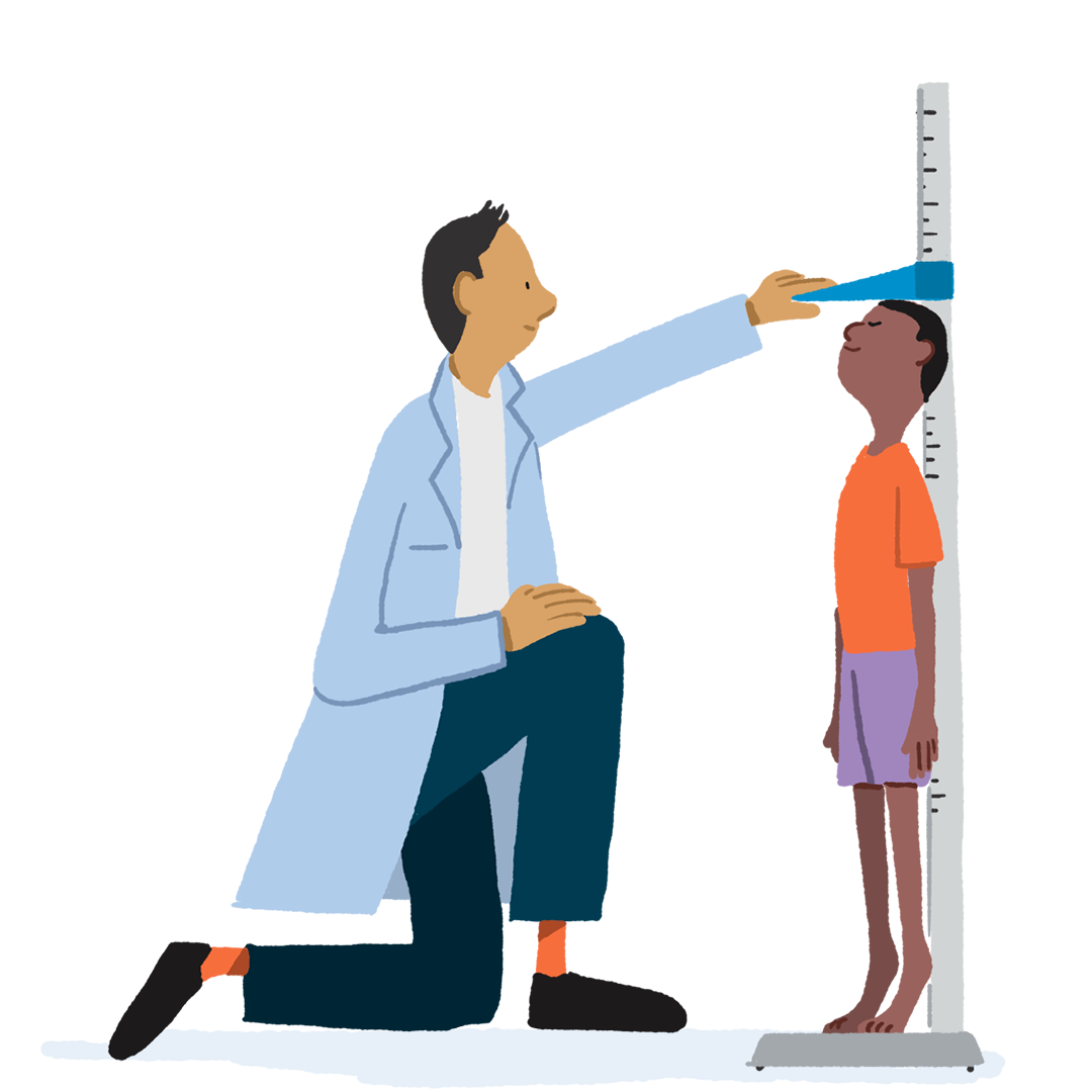 Male-doctor-kneeling-measuring-the-height-of-a-child-illustration