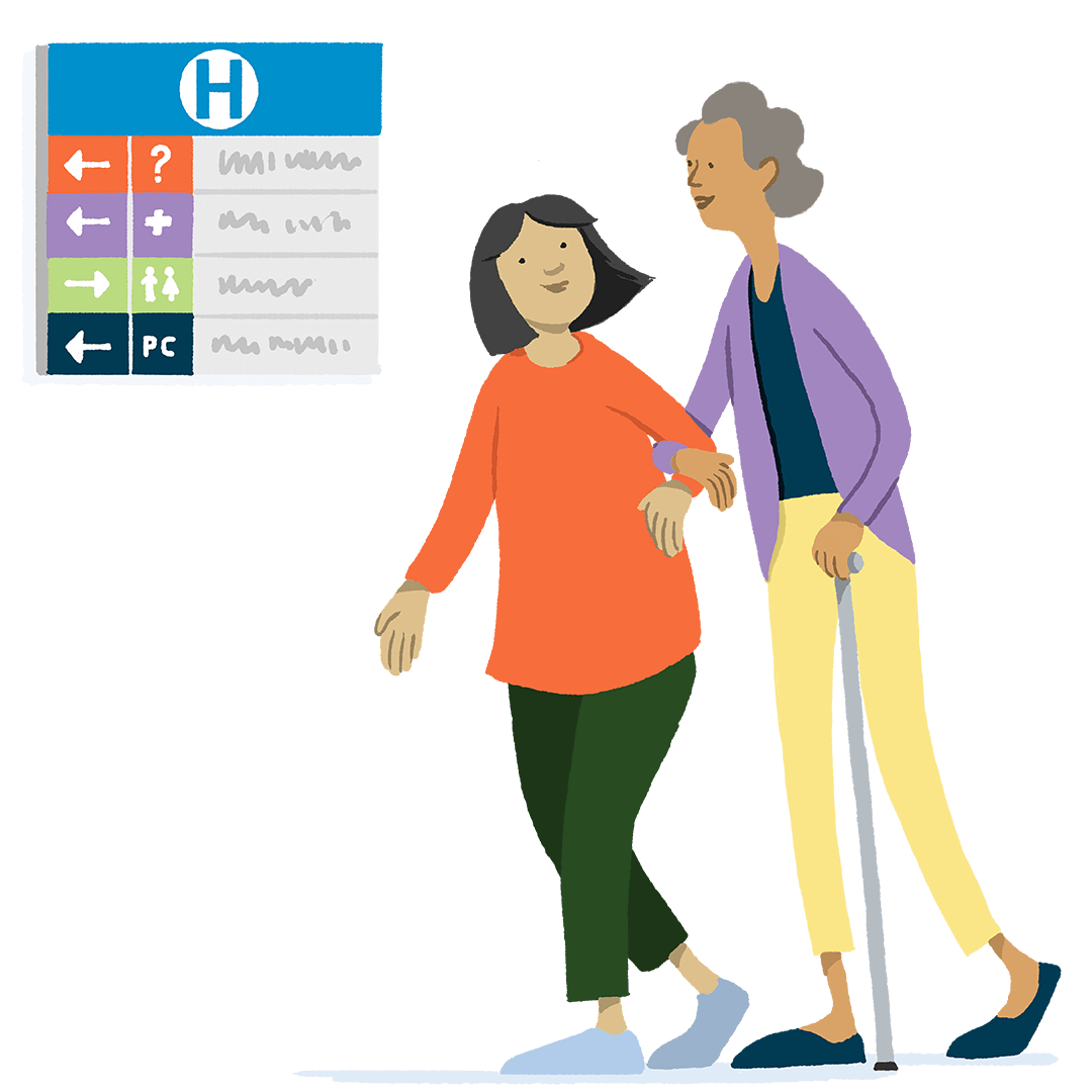 Senior-woman-walking-being-helped-by-caregiver-in-hospital-illustration